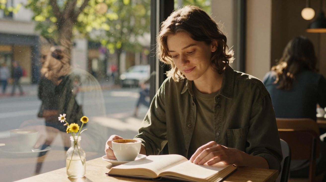Pessoa a sorrir enquanto lê um livro e segura uma chávena numa esplanada com flores na mesa.