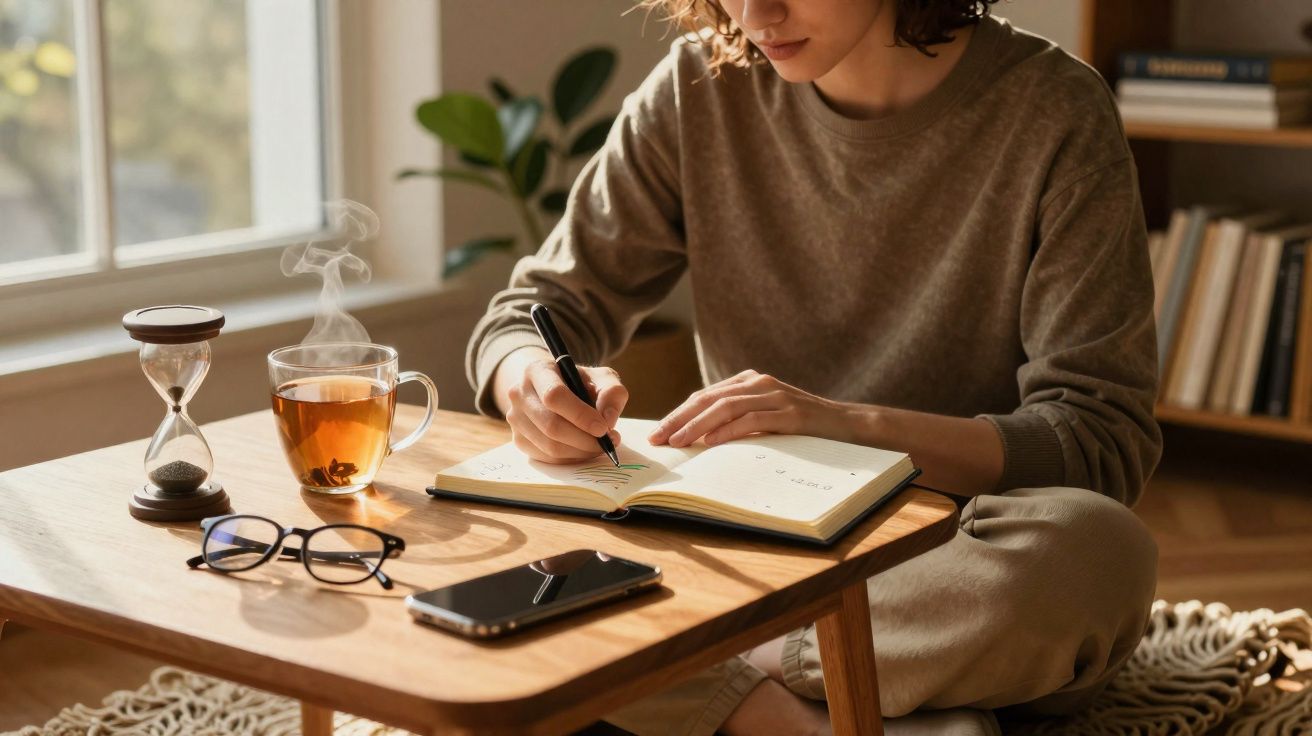 Pessoa a escrever num caderno sentada no chão junto a uma mesa com chá, telemóvel, óculos e ampulheta.