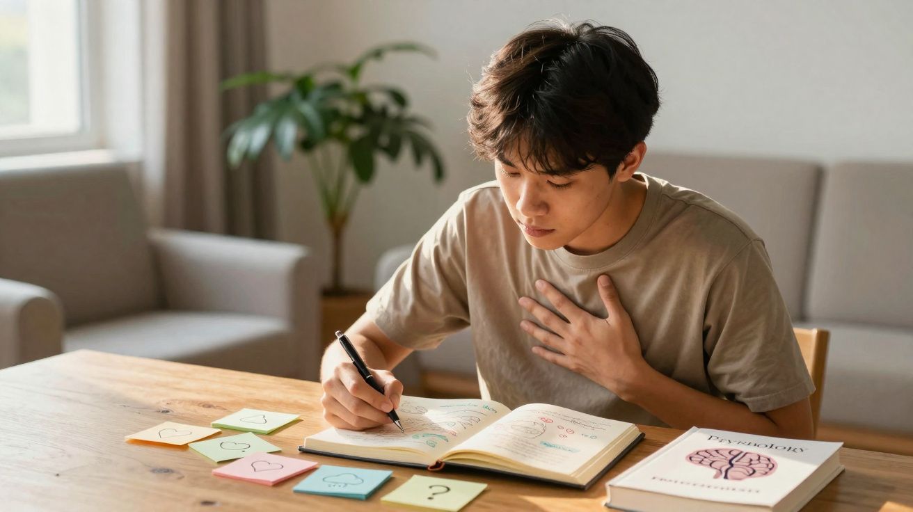 Jovem sentado à mesa a escrever num caderno com post-its coloridos e livro de psicologia ao lado.