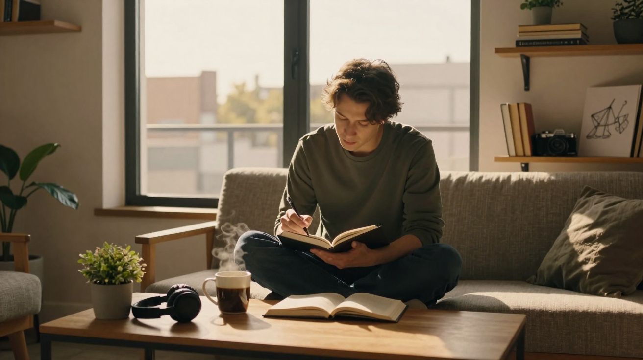 Jovem sentado no sofá a escrever num caderno, com livros, chá e auscultadores na mesa à frente.