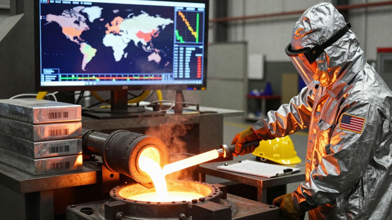 Trabalhador em fato de proteção a verter metal fundido em ambiente industrial com ecrã de mapa mundial ao fundo.