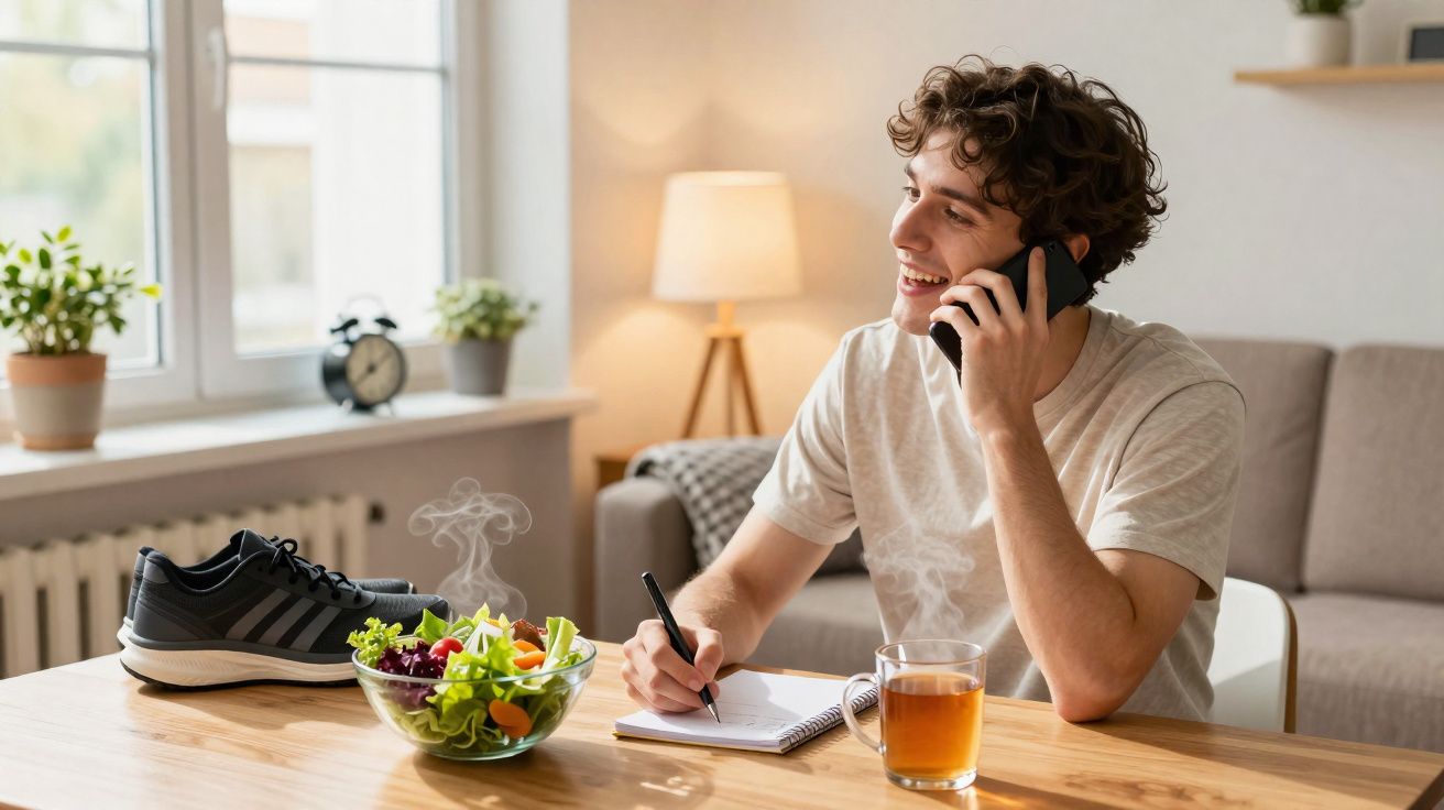 Jovem sentado à mesa a falar ao telefone, a escrever num caderno, com salada, chá e ténis à sua frente.