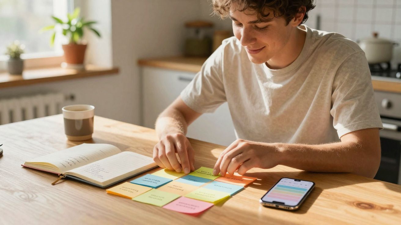 Jovem a organizar post-its coloridos em frente a caderno aberto e telemóvel numa cozinha iluminada.