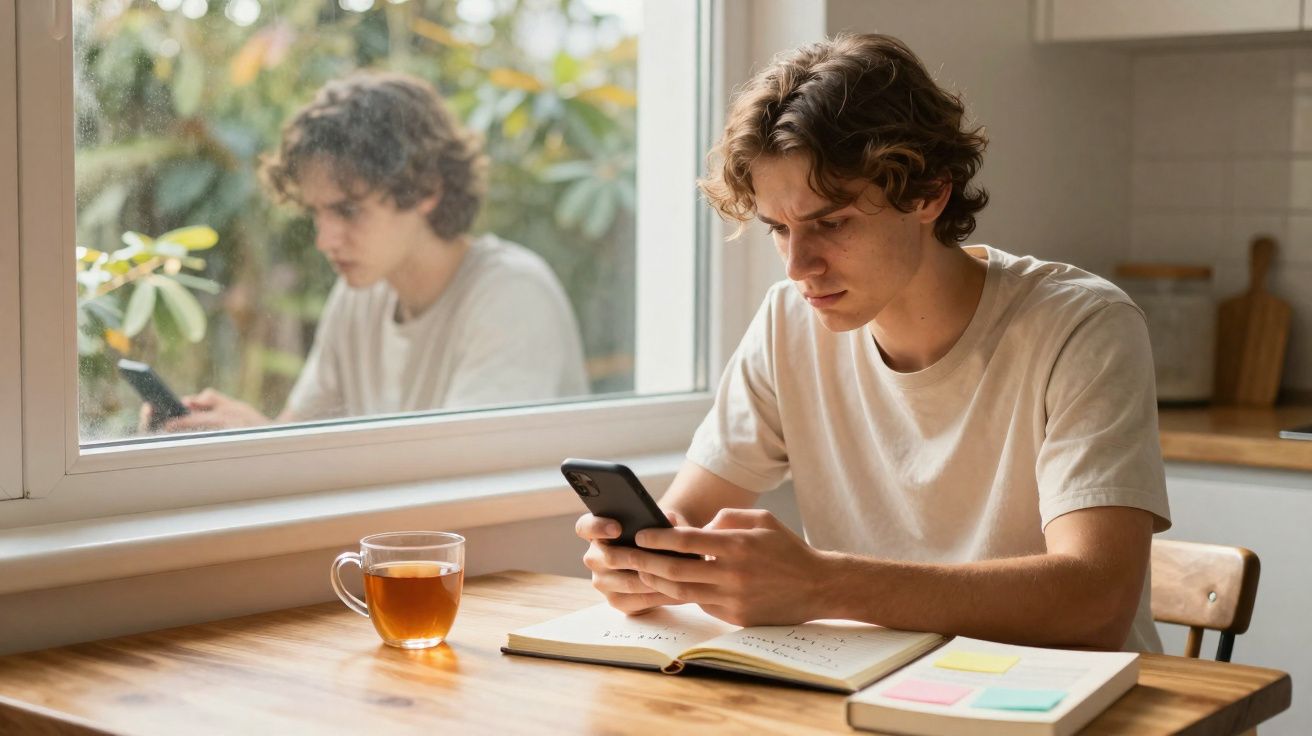 Jovem sentado numa mesa com chá e caderno, a usar um telemóvel junto a uma janela com reflexão.