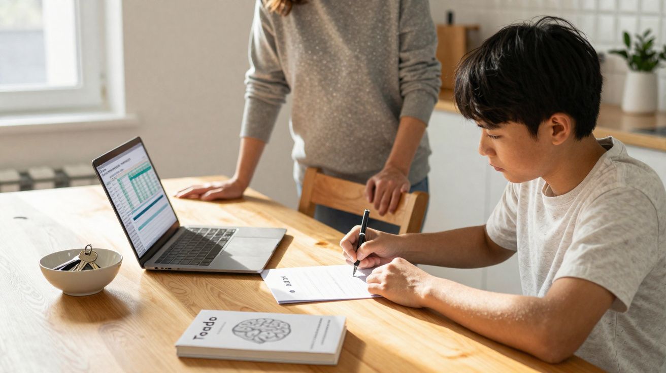 Criança a fazer trabalhos de casa numa mesa com adulto ao lado, computador portátil aberto e livros à sua frente.