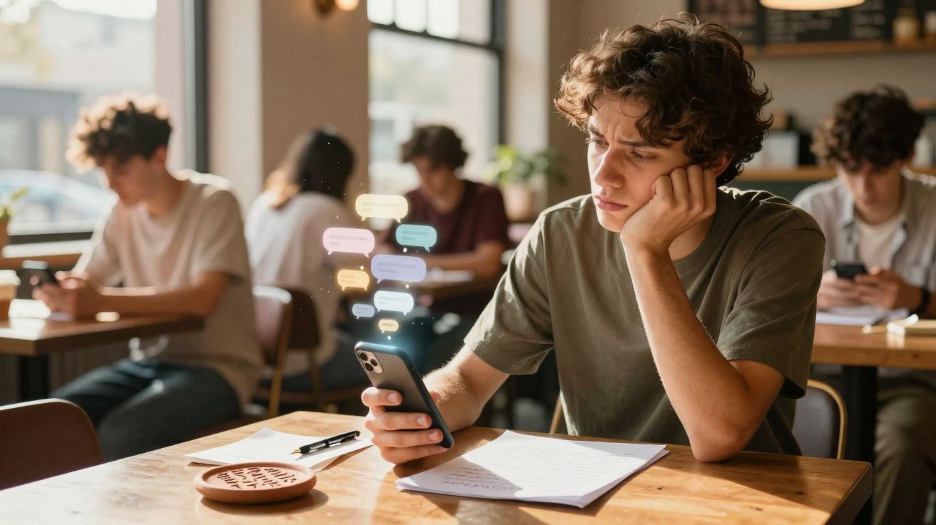 Jovem sentado numa mesa a olhar fixamente para o telemóvel com balões de mensagens digitais ao redor.