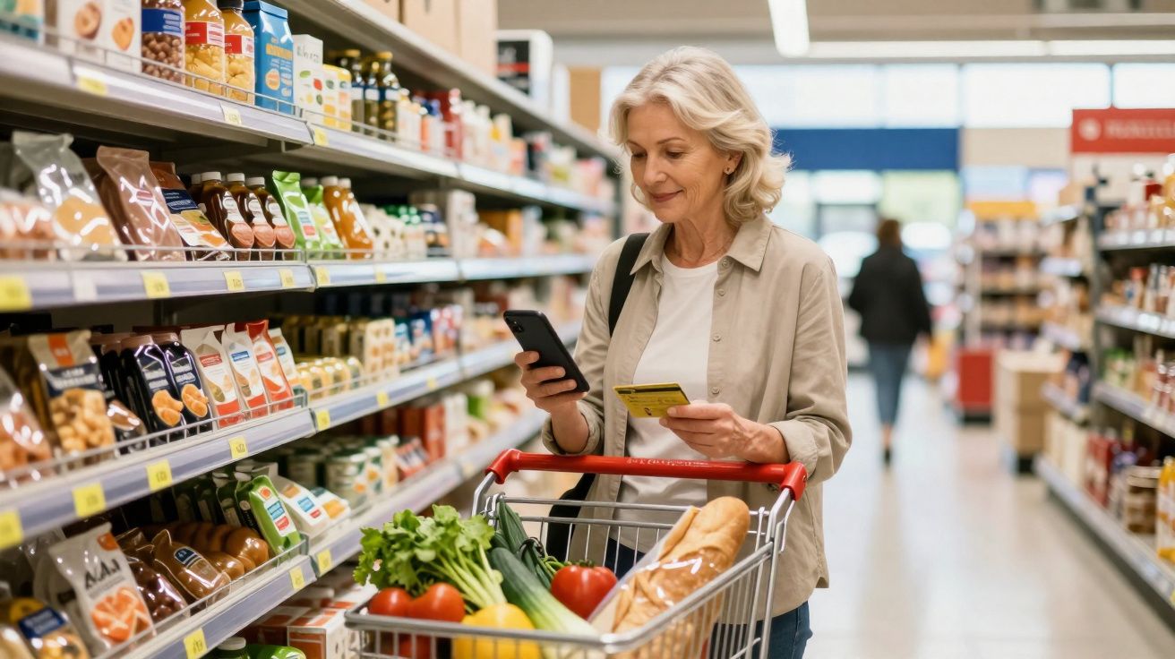 Mulher madura com carrinho cheio de legumes e pão consulta telemóvel e cartão no supermercado.