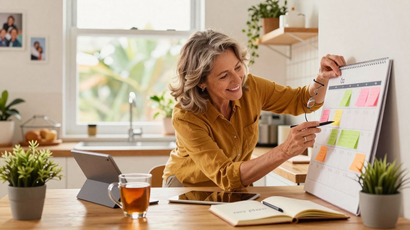 Mulher sorridente a apontar notas coloridas num calendário numa cozinha luminosa com plantas e chá.