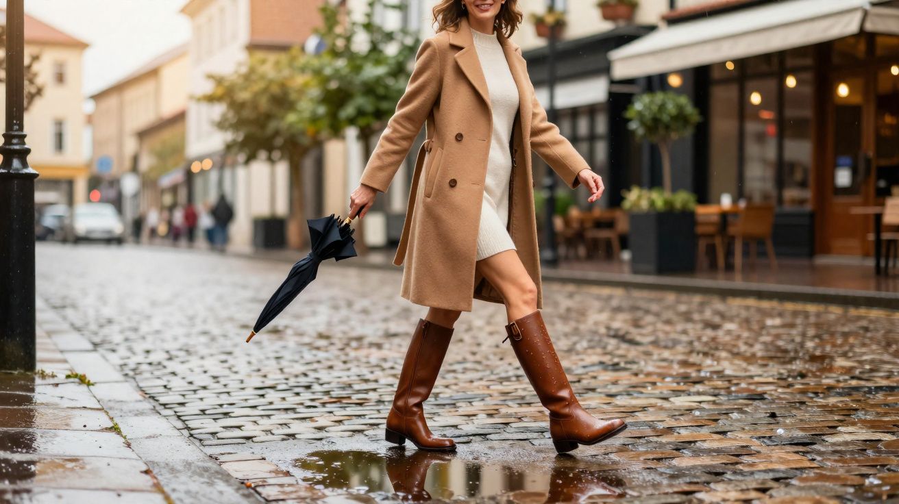 Mulher com casaco castanho e botas a caminhar numa rua de calçada molhada, segurando um guarda-chuva fechado.