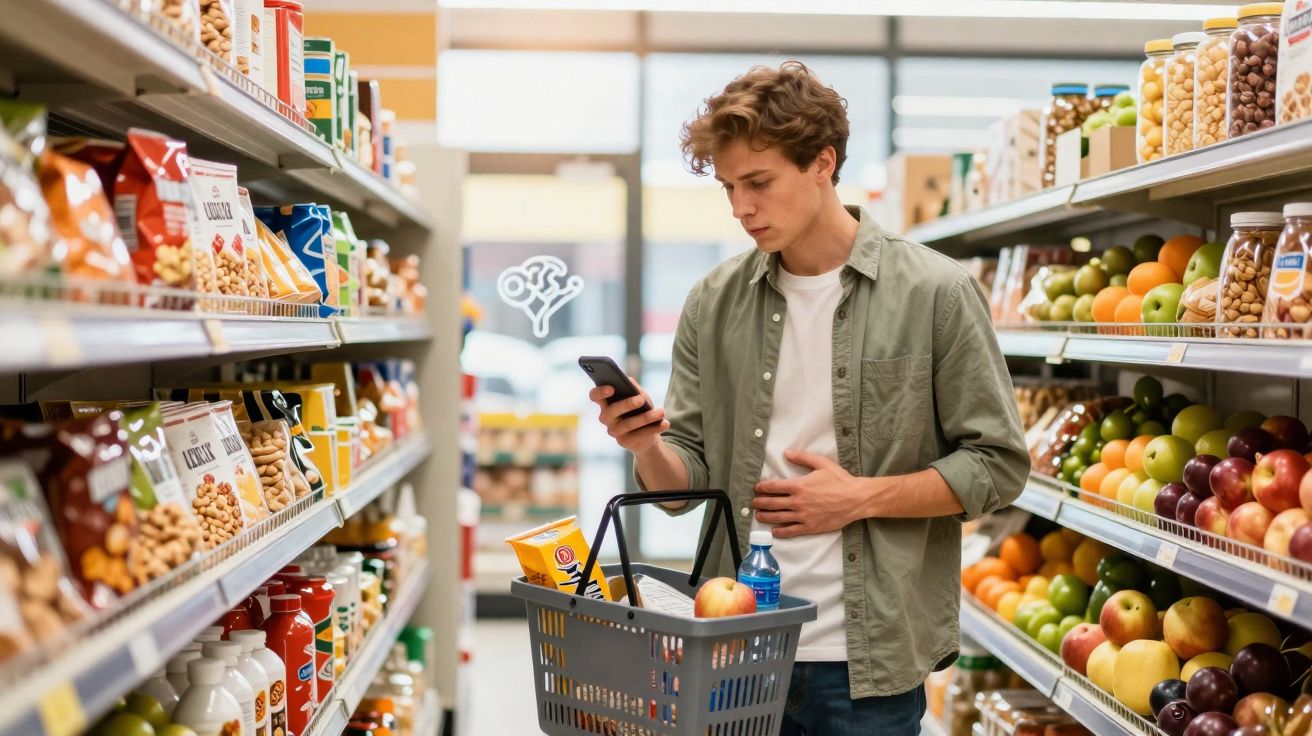 Homem jovem a olhar para o telemóvel enquanto faz compras num supermercado entre prateleiras com frutas e produtos.