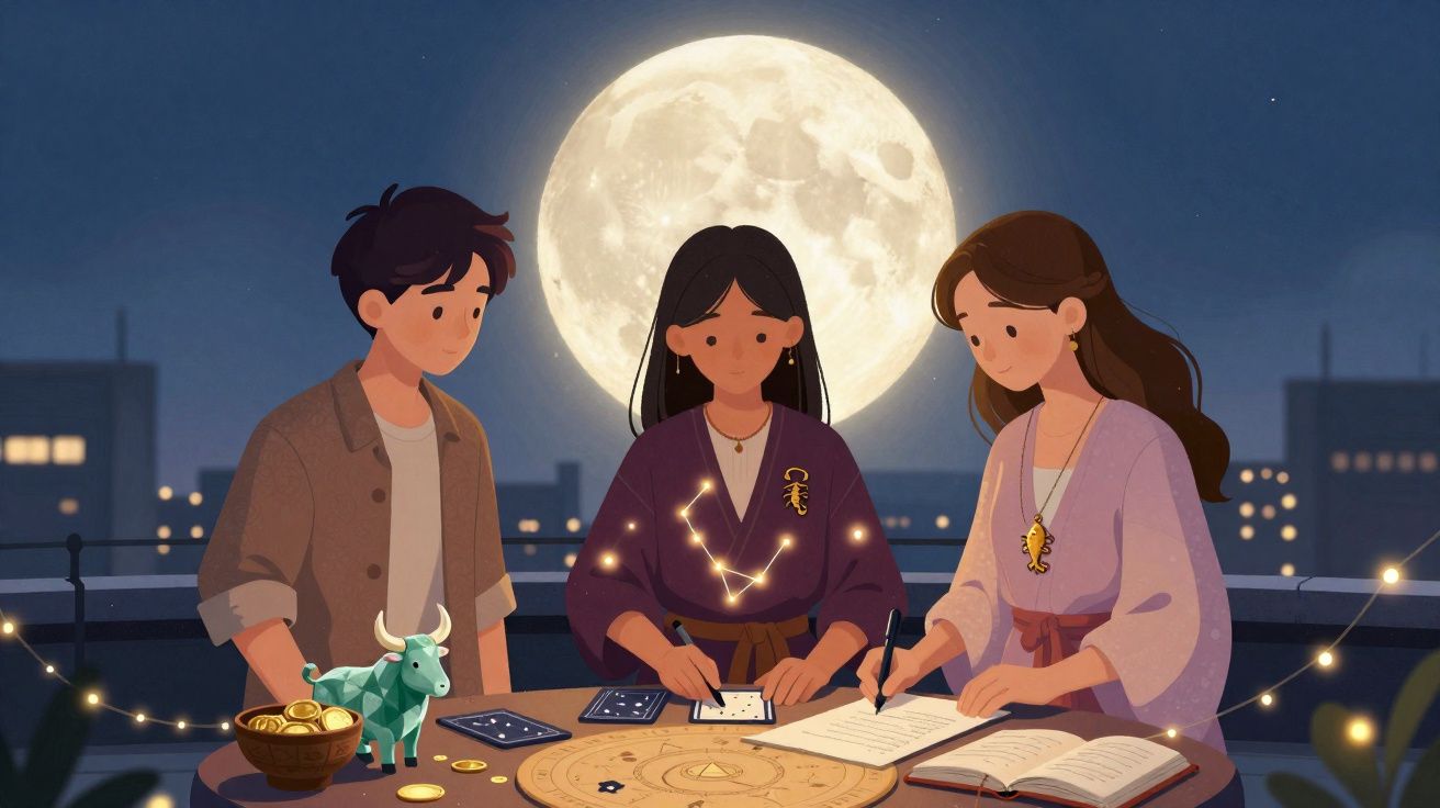 Três jovens observam constelações, escrevem em cadernos sob a luz da lua cheia numa noite estrelada na cidade.