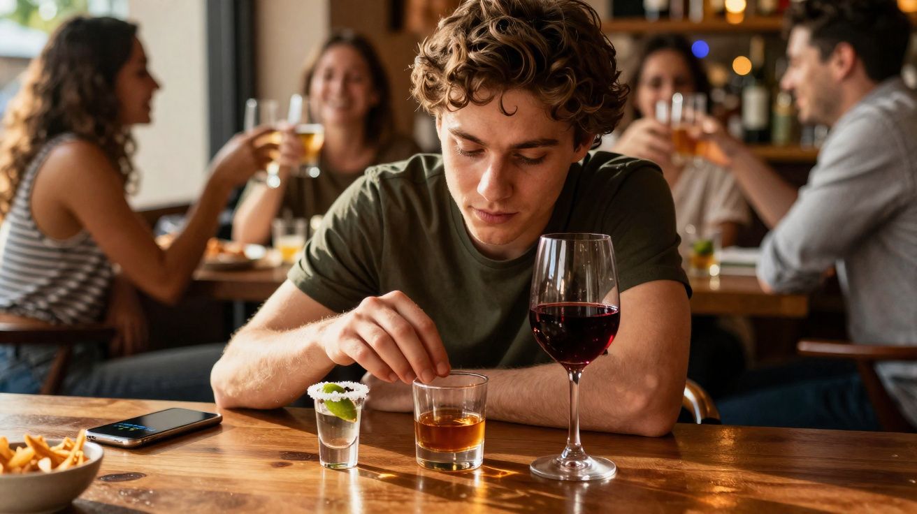 Jovem sentado sozinho num bar com três copos de bebida à sua frente, enquanto outras pessoas conversam ao fundo.