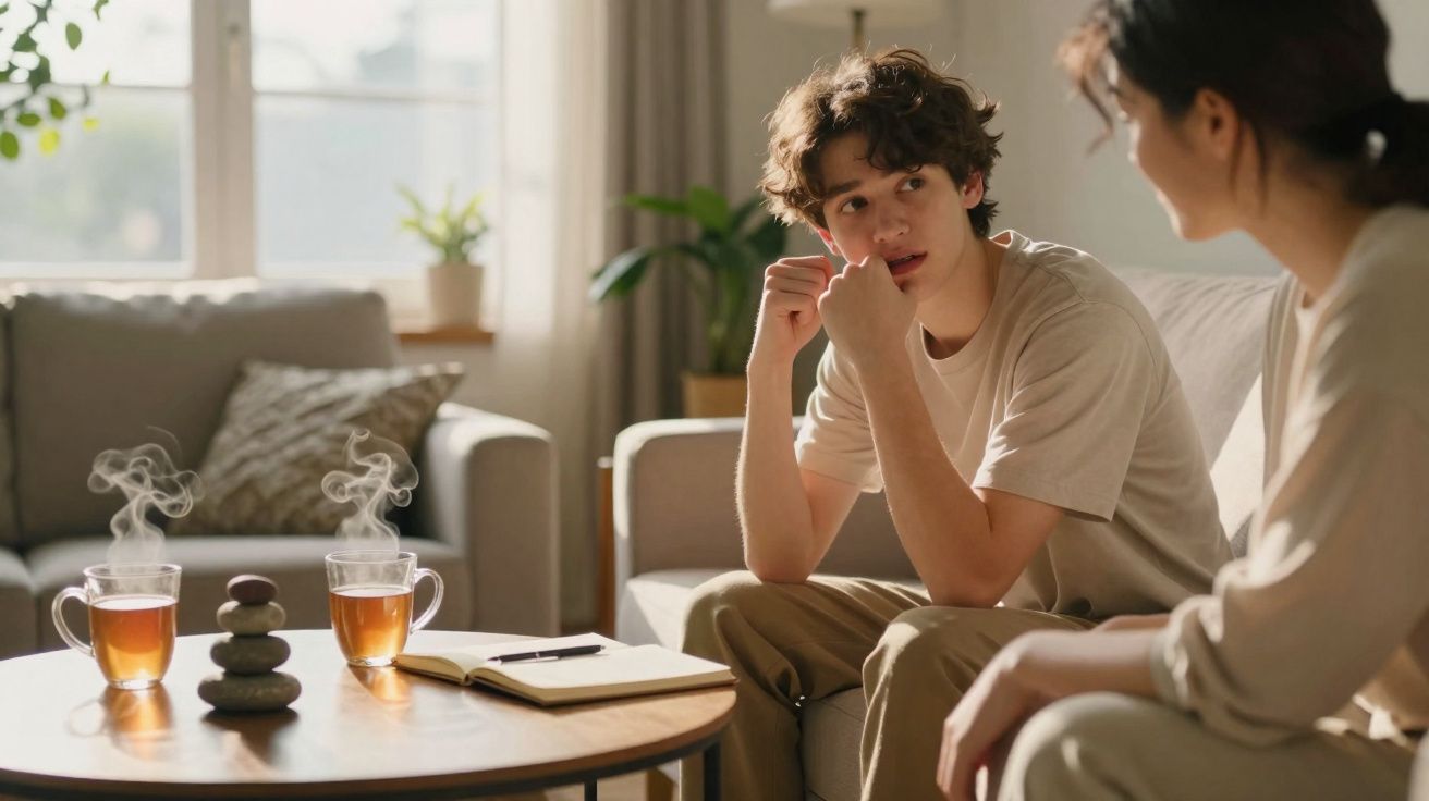 Duas pessoas sentadas num sofá a conversar, com duas chávenas de chá e um caderno numa mesa à frente.