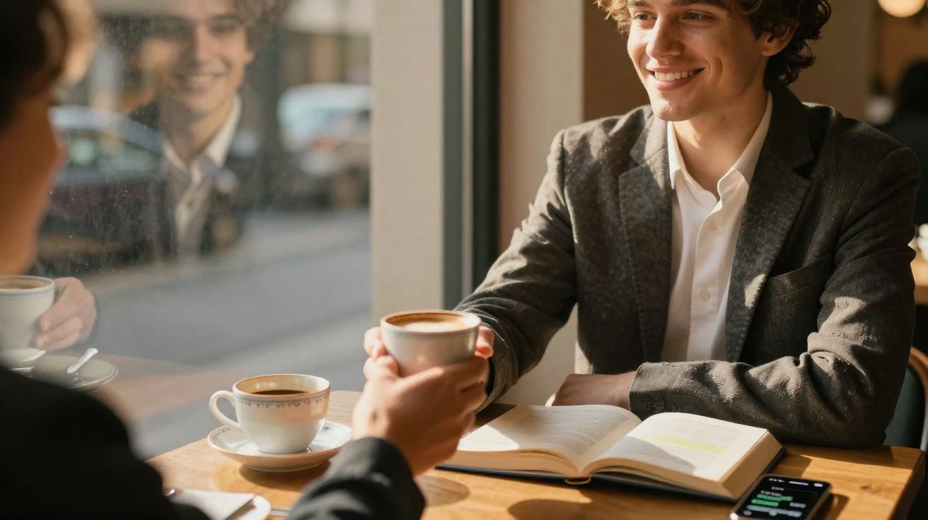 Dois jovens a sorrir e a brindar com chá/café numa mesa junto a uma janela, com livro aberto e telemóvel.