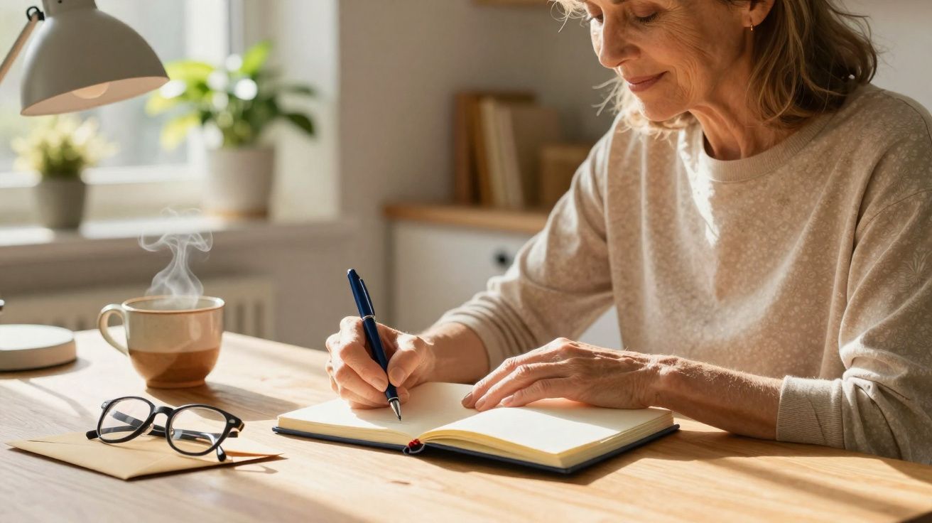 Mulher madura a escrever num caderno, com chá quente e óculos numa mesa luminosa perto da janela.