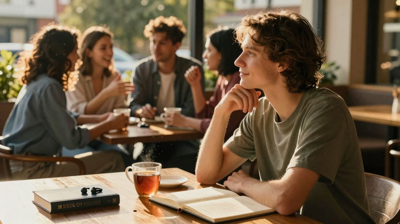 Jovem sentado sozinho a ler num café, com chá e amigos a conversar ao fundo.