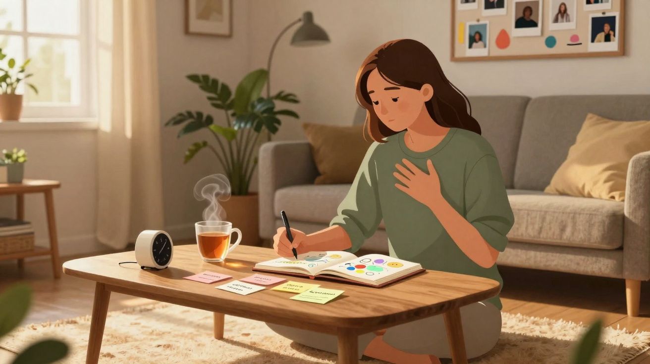 Mulher sentada no chão a desenhar num caderno, com chá quente e notas numa sala iluminada e acolhedora.