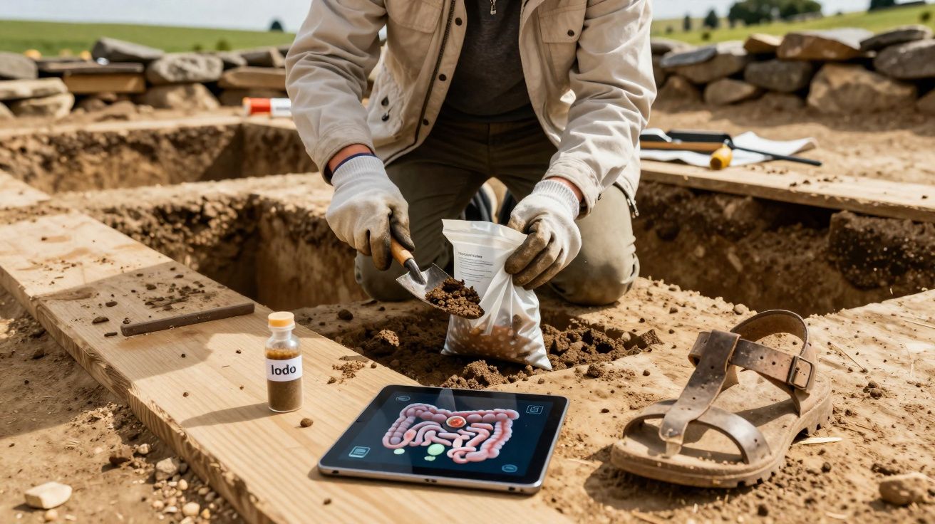 Arqueólogo a recolher amostra de solo num sítio arqueológico com tablet a mostrar intestinos e frasco de iodo.