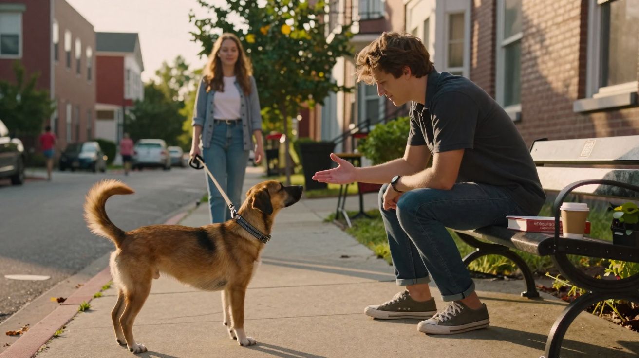 Homem sentado no banco a interagir com cão enquanto mulher caminha com trela na rua residencial.