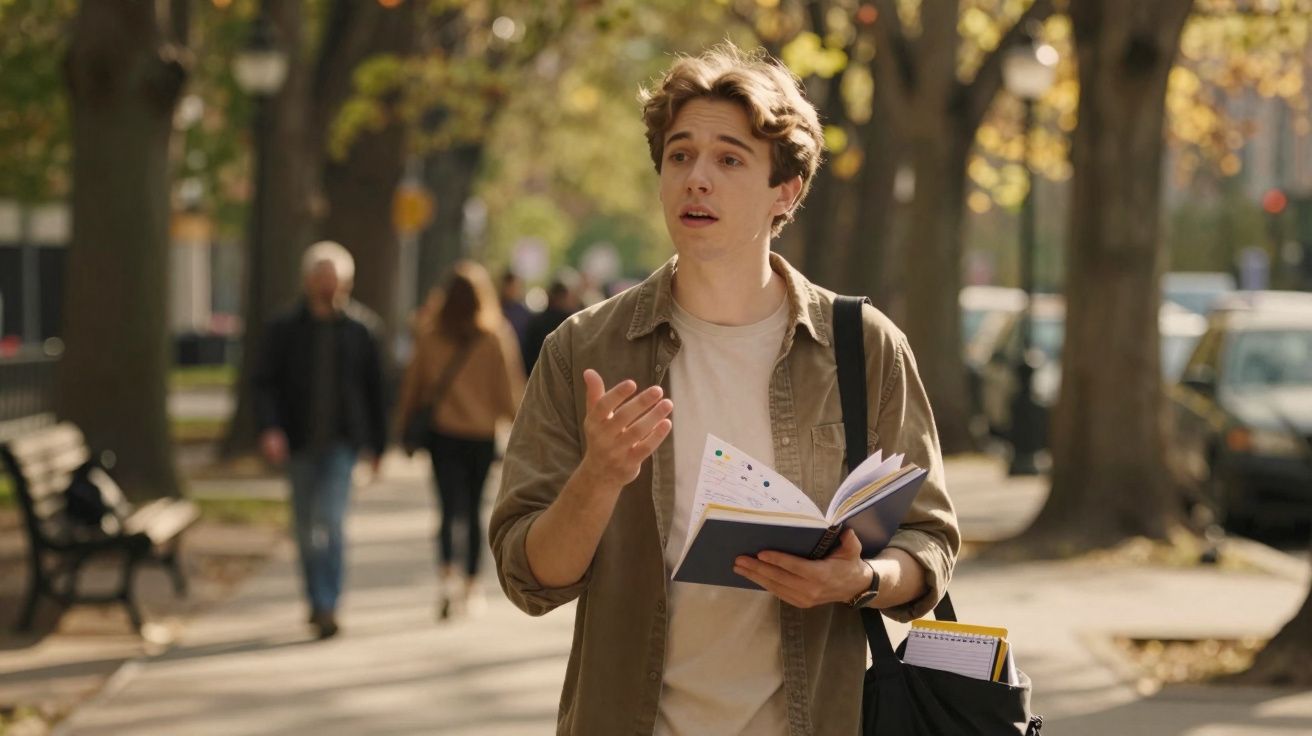 Jovem a gesticular enquanto lê um livro no parque, com árvores e pessoas ao fundo.