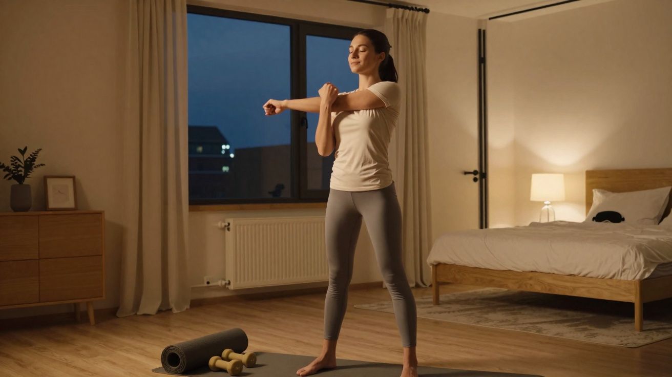 Mulher a fazer alongamentos num quarto iluminado à noite, com tapete, halteres e rolo de yoga no chão.