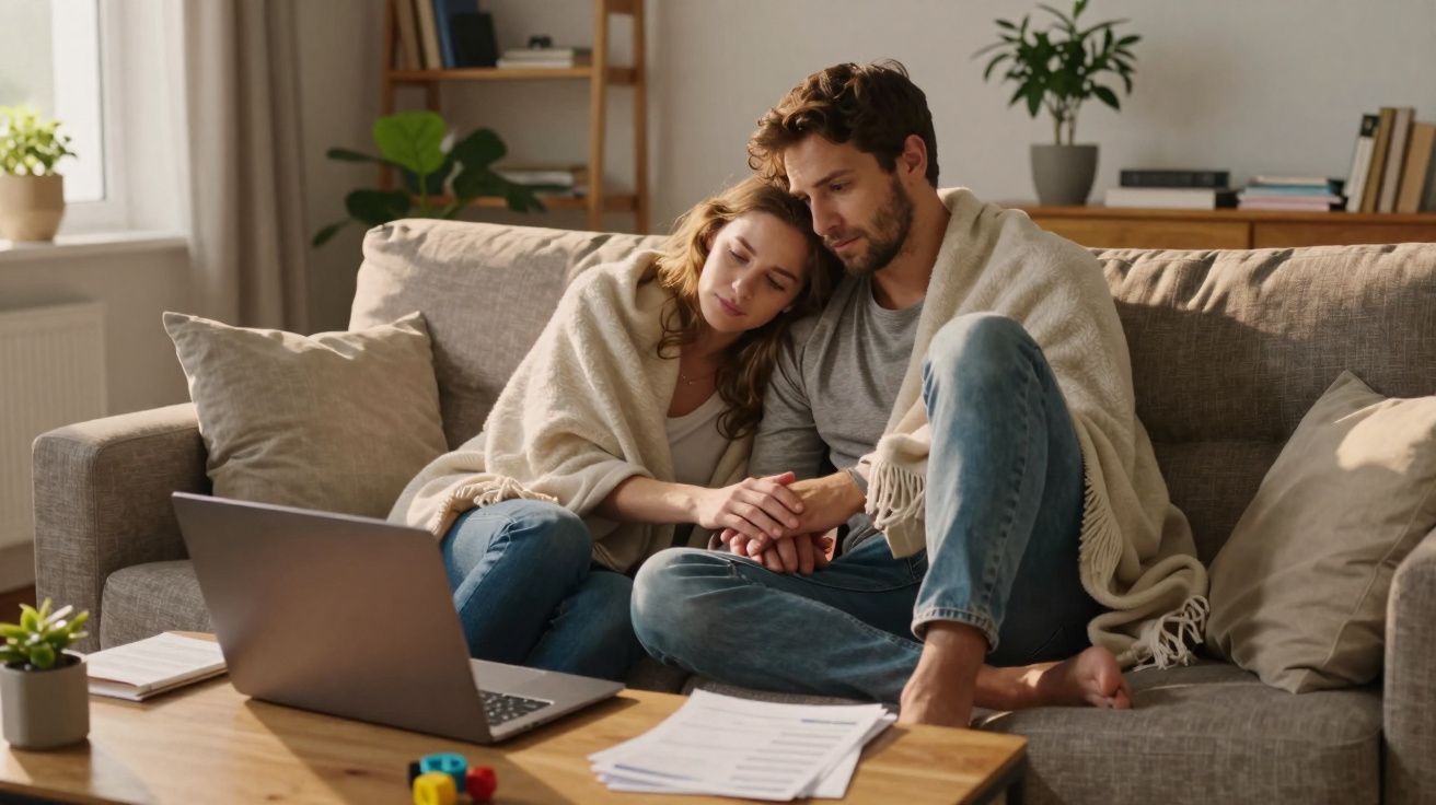 Casal sentado no sofá, abraçado com manta, a olhar preocupado para documentos e computador na mesa.