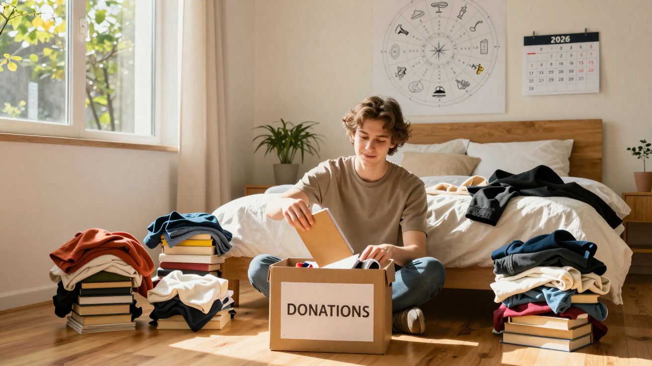 Jovem sentado no chão a organizar roupas e livros para doação numa caixa marcada "Donations" num quarto iluminado.