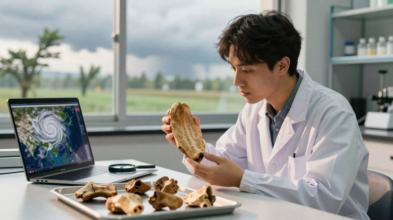 Homem de bata branca analisa ossos fósseis junto a computador com imagem de furacão numa sala luminosa.
