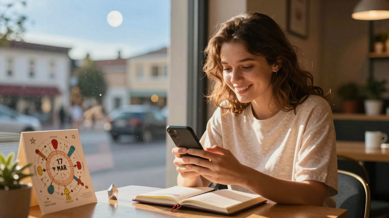 Mulher sorridente sentada num café com caderno aberto a usar telemóvel perto de uma janela com vista urbana.