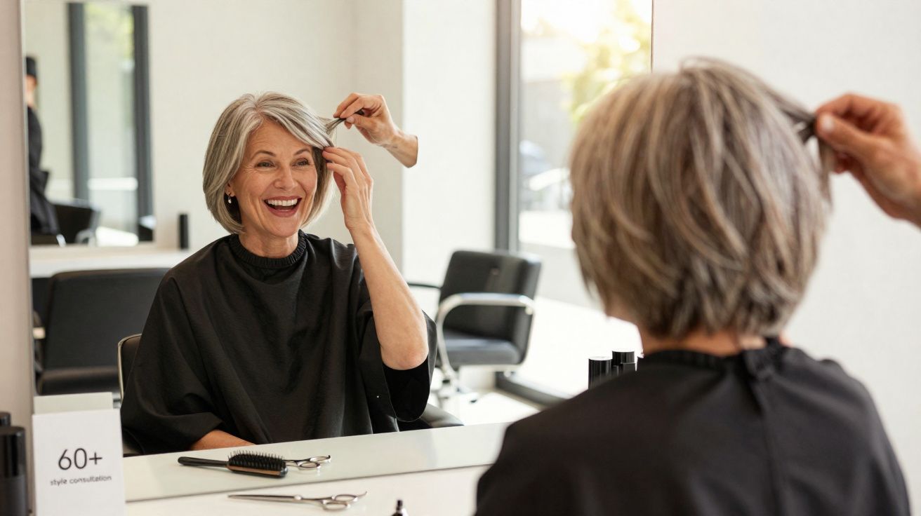 Mulher sénior sorridente a pentear o cabelo num salão de cabeleireiro moderno, olhando ao espelho.