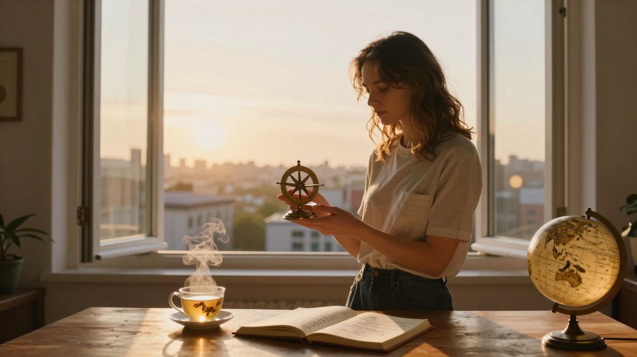 Mulher segurando bússola de mesa junto a livro aberto e chá fumegante numa mesa junto a janela ao pôr do sol.