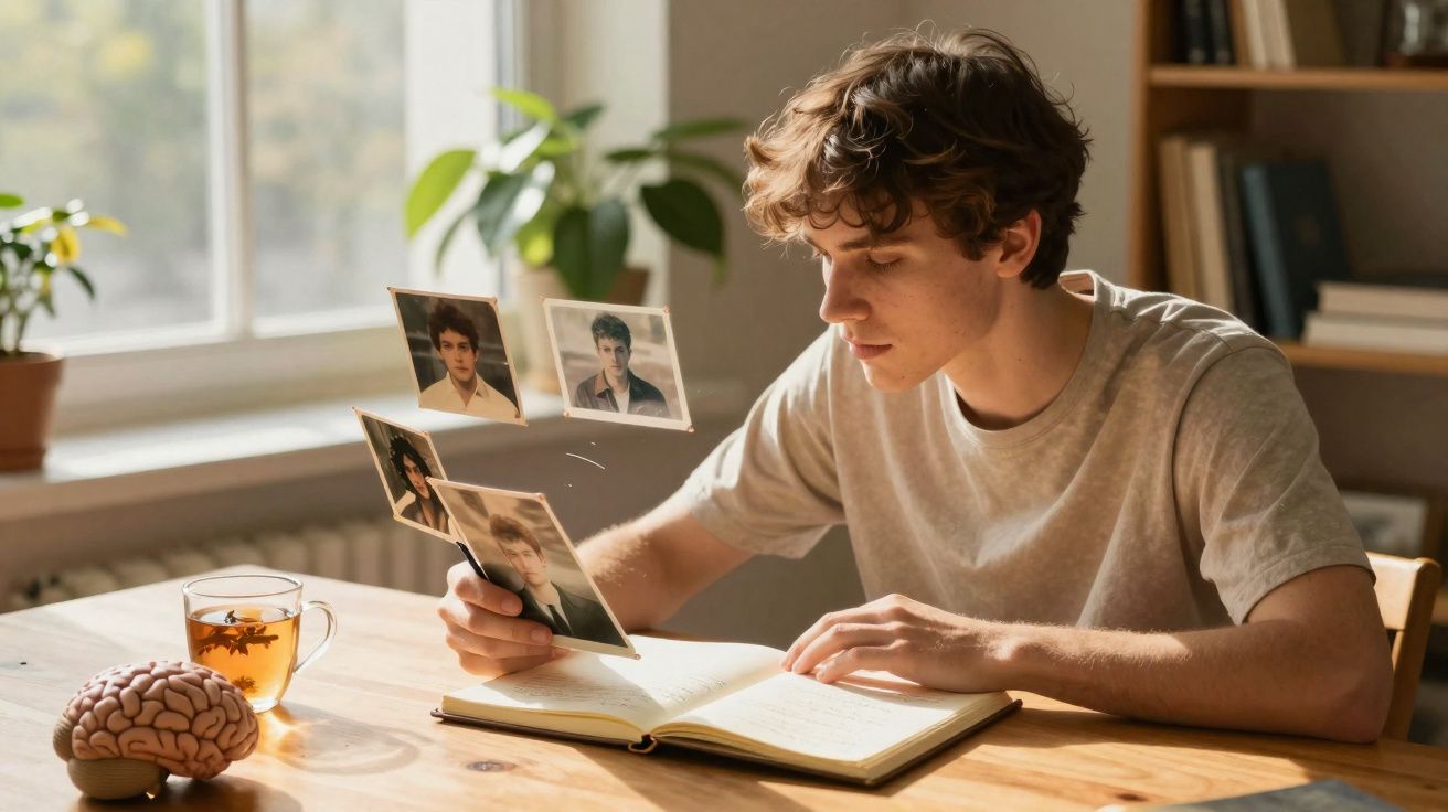 Jovem sentado a estudar com fotos a flutuar em frente a ele numa mesa com chá e modelo de cérebro.