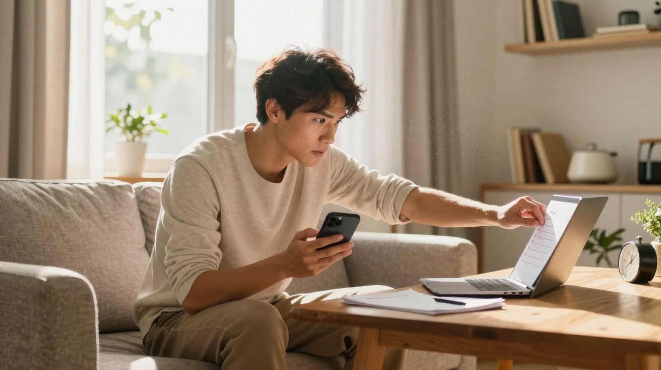 Homem sentado no sofá a usar telemóvel e computador portátil, concentrado no trabalho em casa.