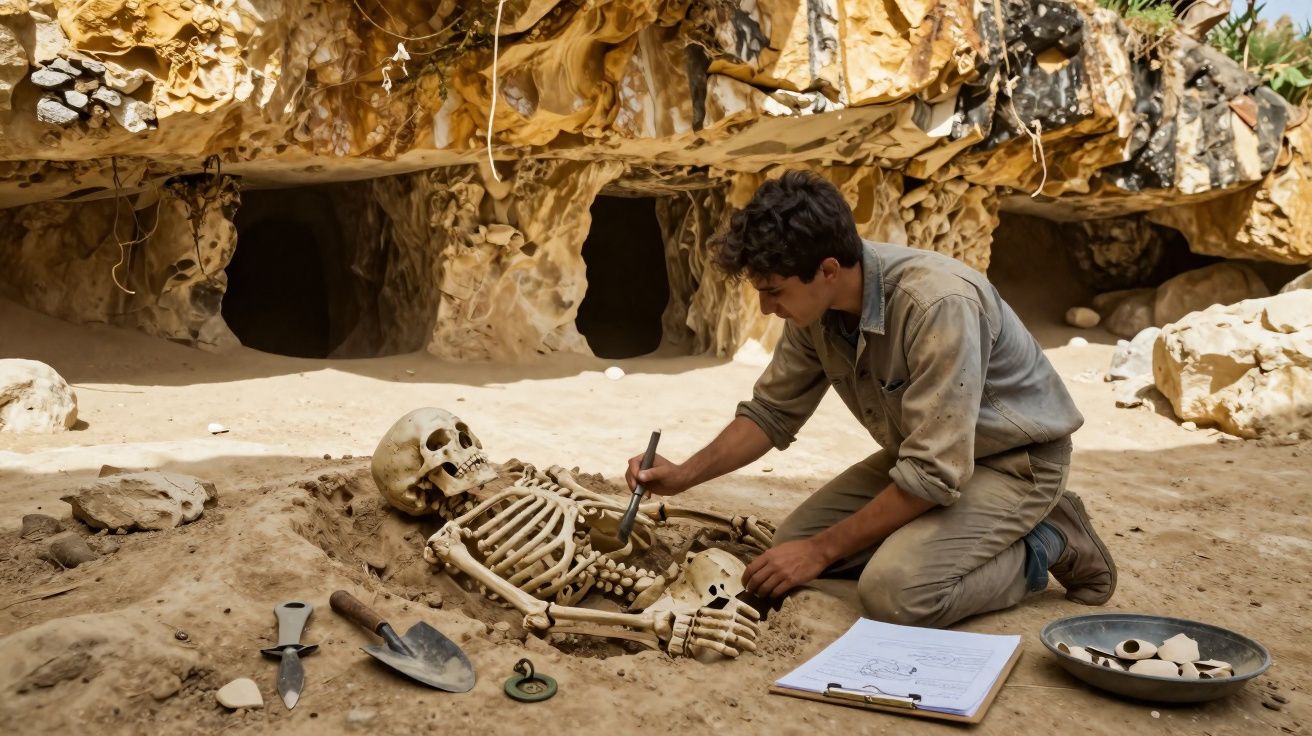 Arqueólogo jovem examina e limpa um esqueleto humano enterrado perto de cavernas rochosas.