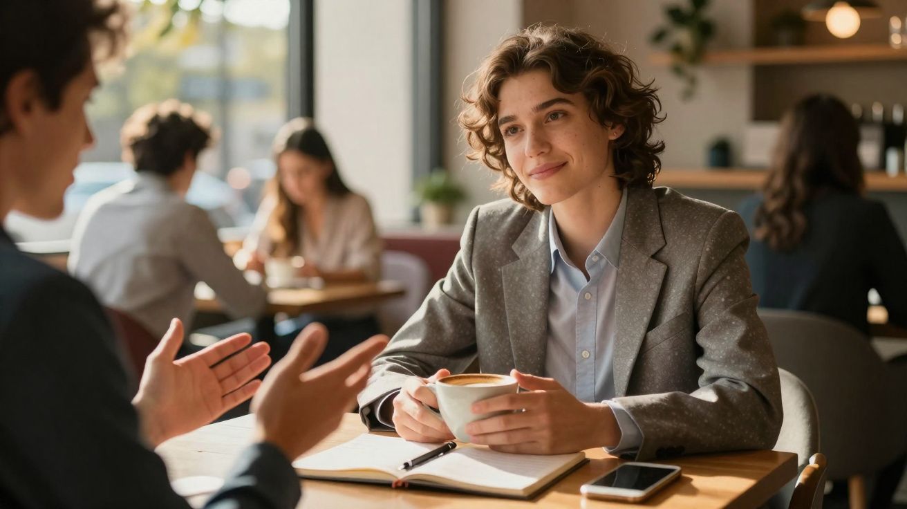 Jovem em fato com café na mão a ouvir atentamente outra pessoa numa conversa num café moderno.