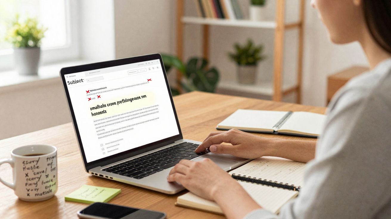 Pessoa a trabalhar num computador portátil numa secretária com cadernos, telemóvel e caneca.