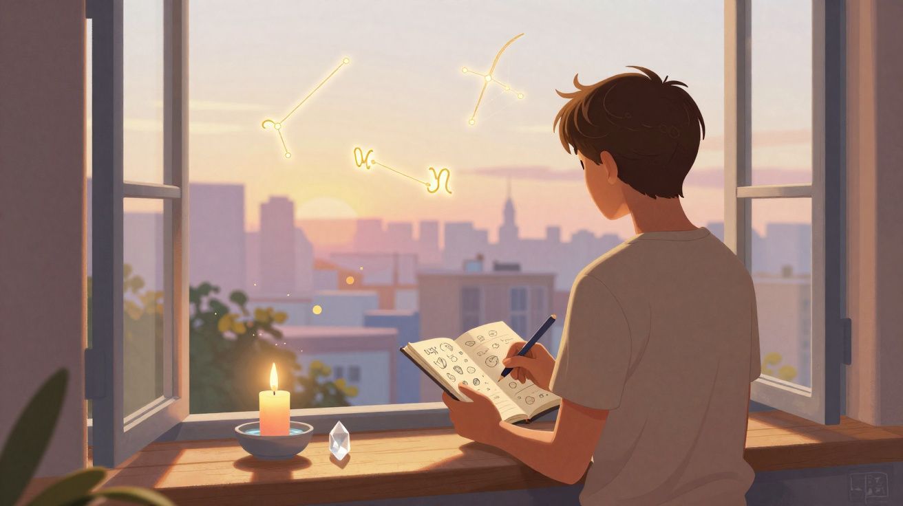 Jovem sentado numa janela ao pôr do sol a desenhar constelações num caderno iluminado por vela.