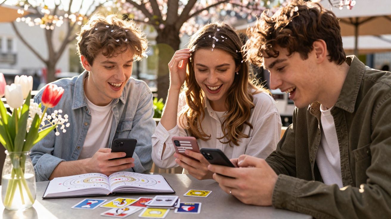 Três jovens sentados ao ar livre, a sorrir e a olhar para os telemóveis enquanto jogam cartas.