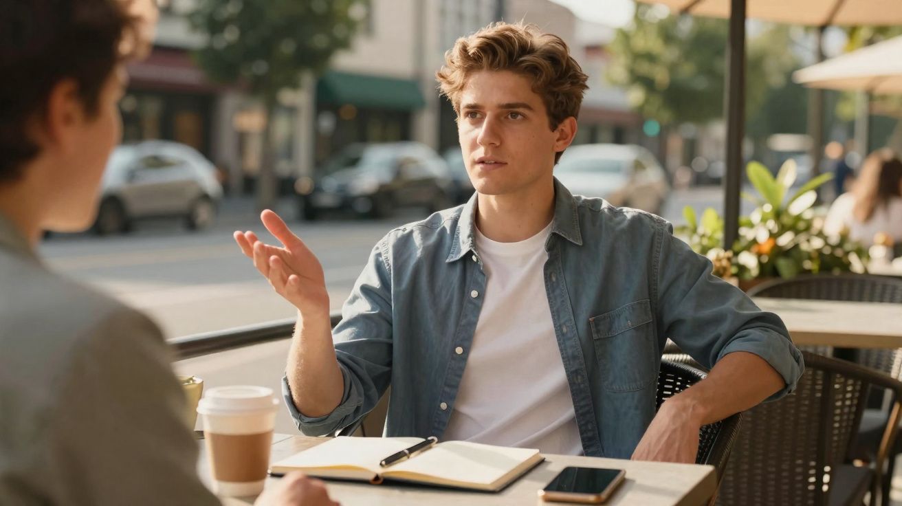 Jovem a conversar animadamente com outra pessoa numa esplanada, com caderno e smartphone sobre a mesa.