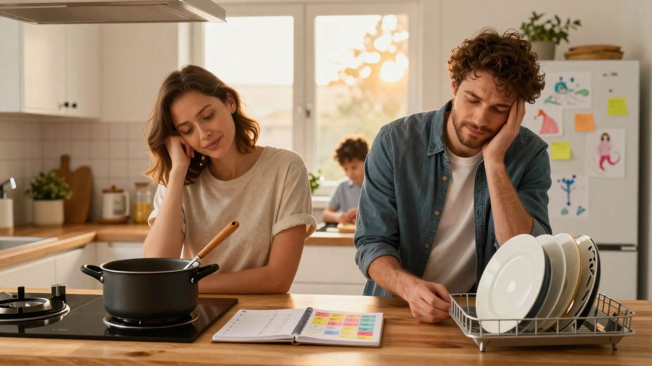 Casal cansado na cozinha com criança ao fundo, entre panela no fogão e pratos na escorredora.