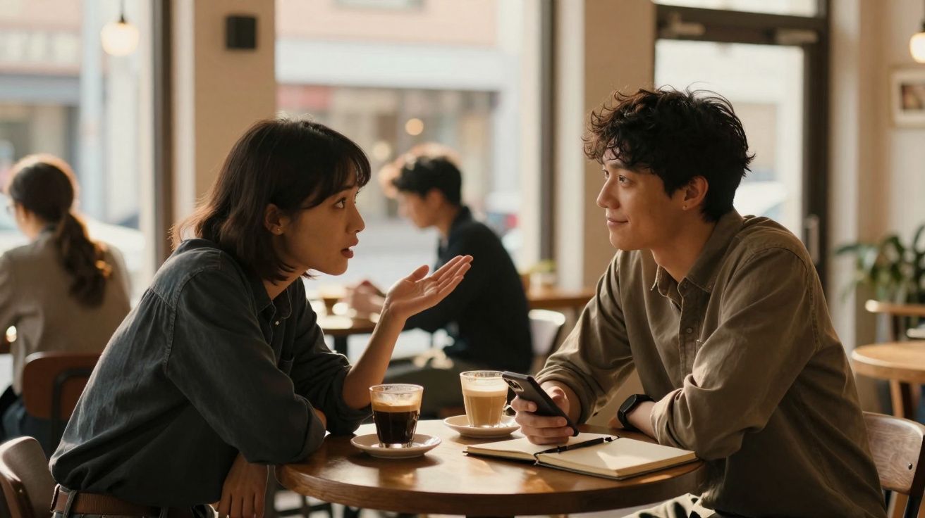 Casal jovem a conversar numa cafetaria, com bebidas e caderno sobre a mesa.