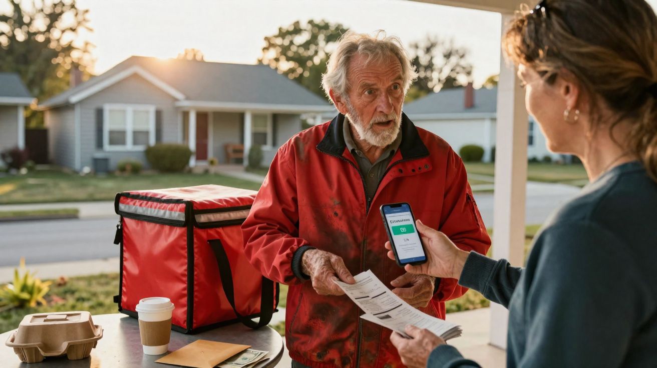 Entrega de refeições ao domicílio, cliente a mostrar pagamento digital a entregador idoso com casaco vermelho.