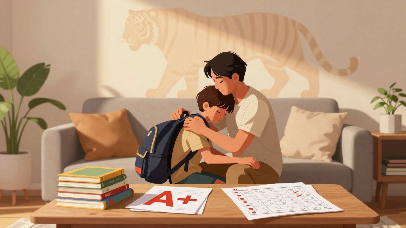 Pai consola filho sentado num sofá, com mochila, livros e testes escolares na mesa de madeira à frente.