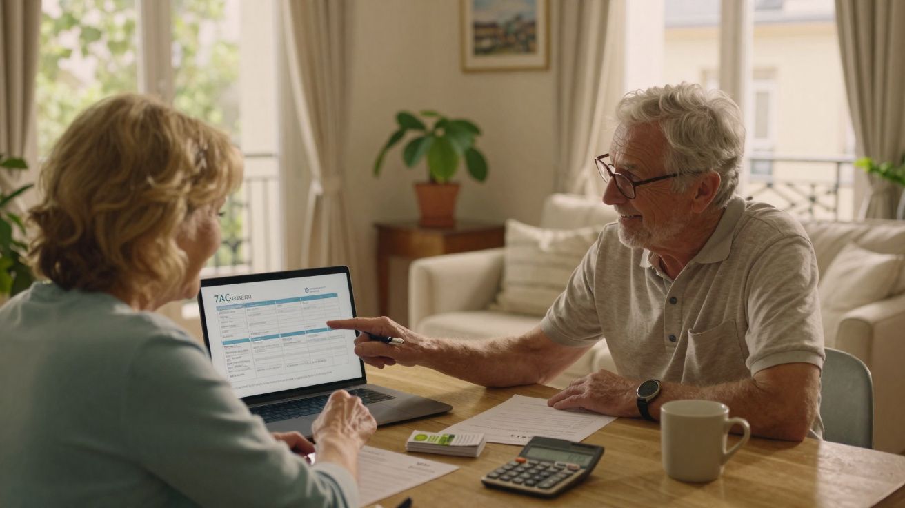Casal sénior analisa documentos e tabela num portátil numa sala de estar iluminada e acolhedora.
