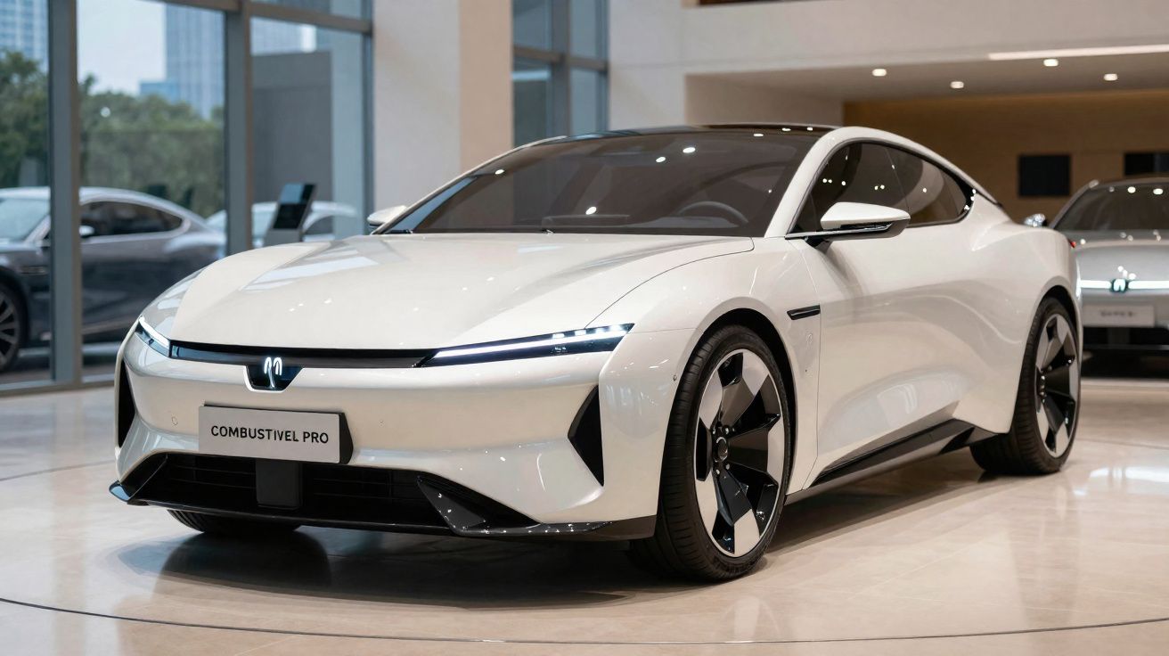 Automóvel desportivo branco elétrico em exposição numa sala com grandes janelas e outro carro ao fundo.