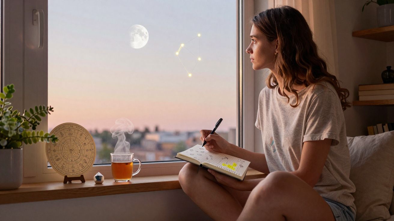 Mulher sentada na janela a escrever num caderno, com chá e mapa astral na beira da janela ao pôr do sol.