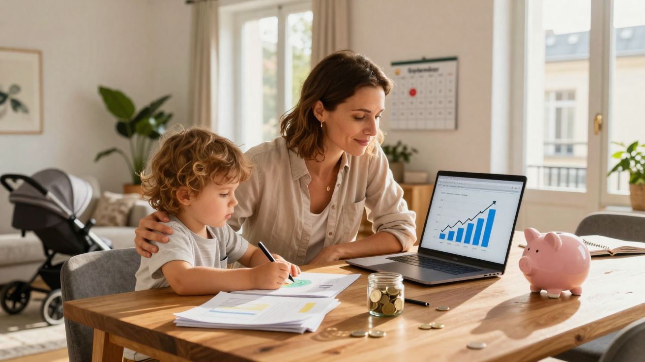 Mulher ajuda criança a fazer desenhos enquanto consultam gráficos de finanças num computador portátil.