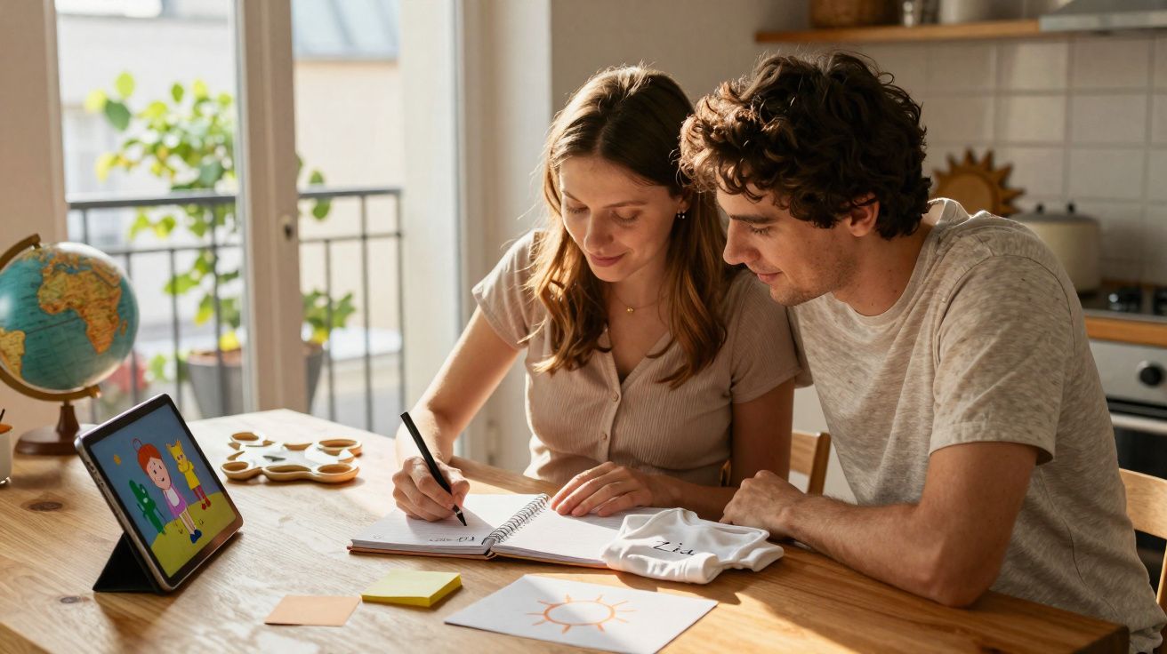 Casal sentado à mesa a escrever num caderno com tablet a mostrar desenho animado e objetos de criança.