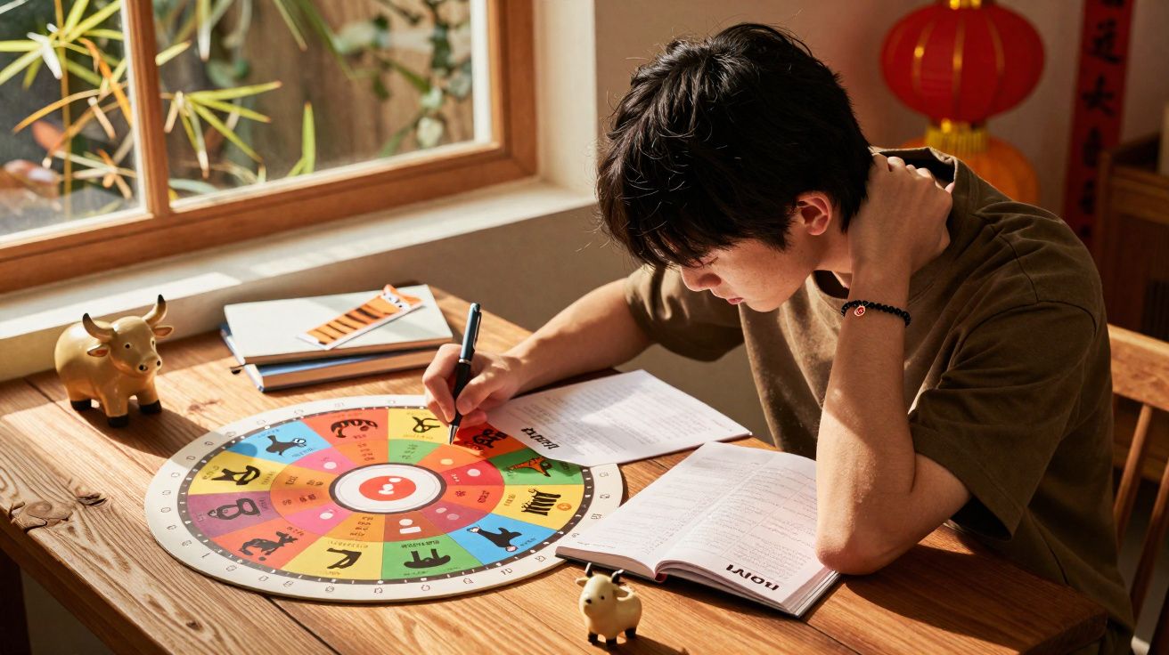 Jovem sentado a desenhar num círculo colorido de signos do zodíaco numa mesa de madeira, com luz natural.