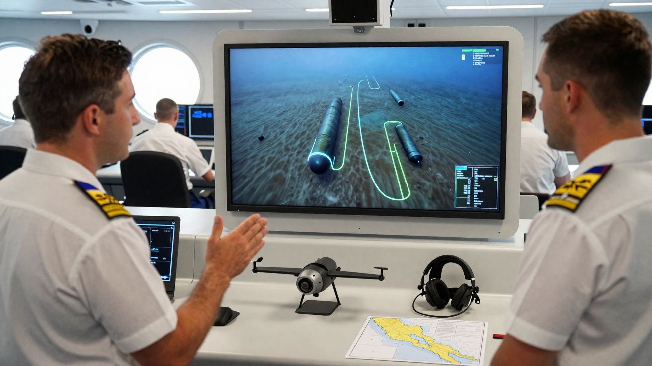 Dois homens em uniforme naval analisam monitor com imagem submarina de tubagens e equipamentos no fundo do mar.